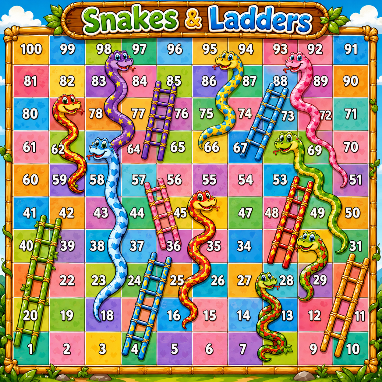 Snakes and Ladders board numbered from 1 to 100